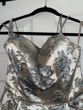 Blondie Nites Metallic Champagne & Light Blue Floral Prom Dress